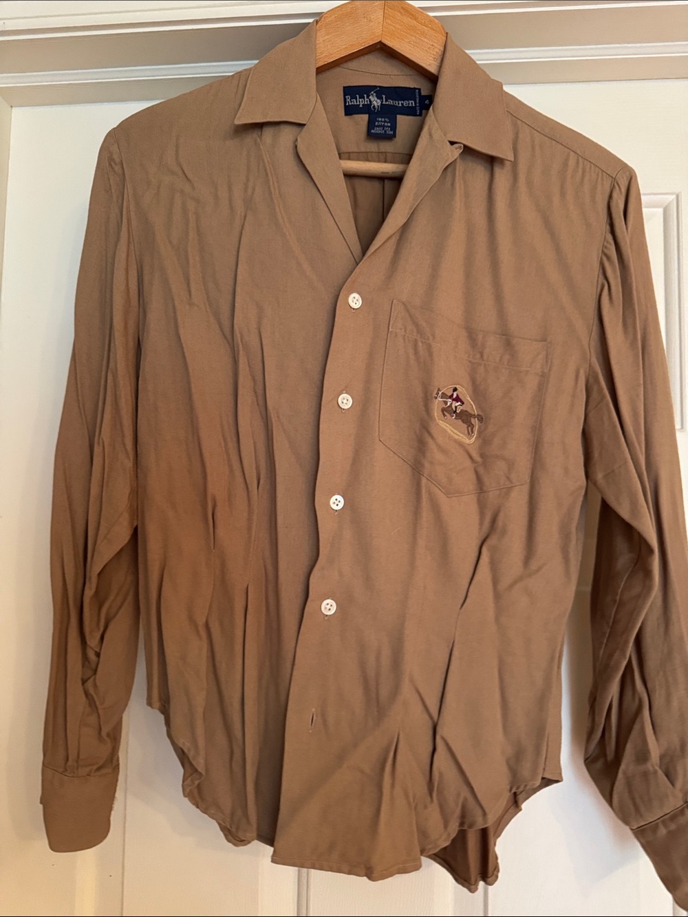 Vintage Ralph Lauren Tan Long Sleeve Button-Down Shirt with horse/jockey Size 4